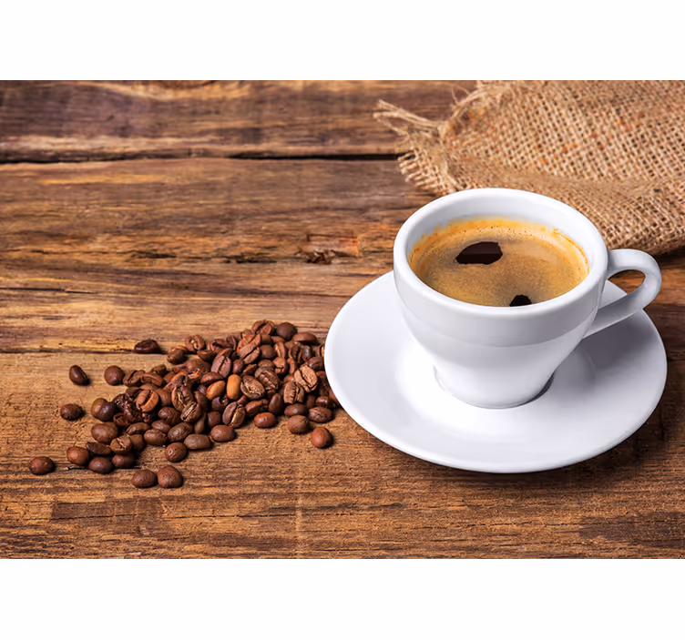 Roller blind for kitchen window coffee on a wooden table - TenStickers