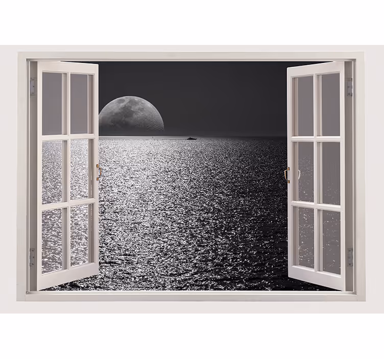 Grey roller blind view of the sea from a white window - TenStickers