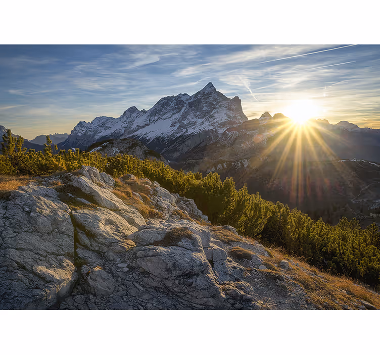 Bedroom roller blind with sunlight over mountains - TenStickers