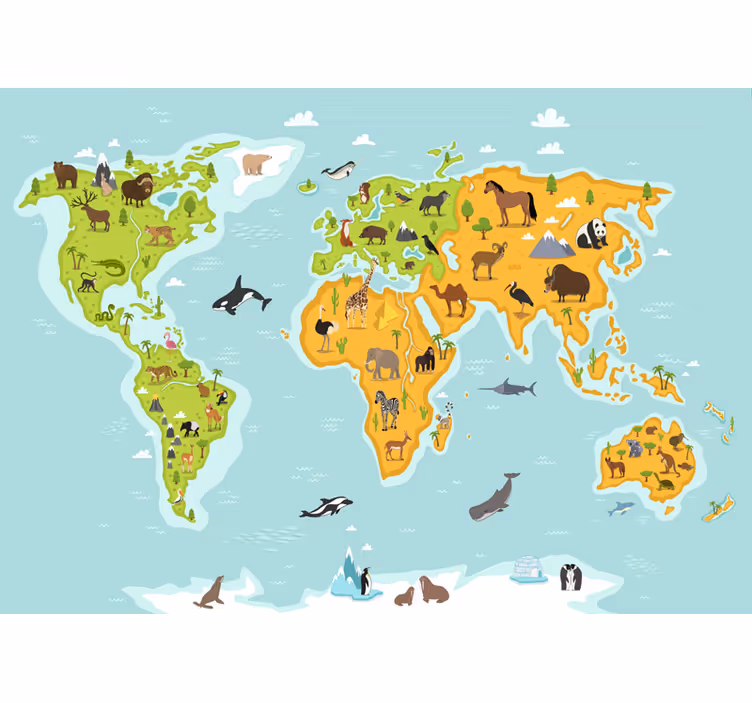 World map roller blind kids' mural fauna and flora - TenStickers