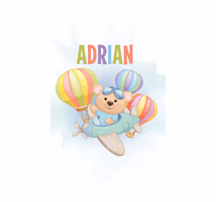 Bear in airplane with name kids roller blind - TenStickers