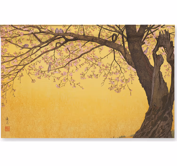 Bathroom wall mural japanese tree on yellow background - TenStickers