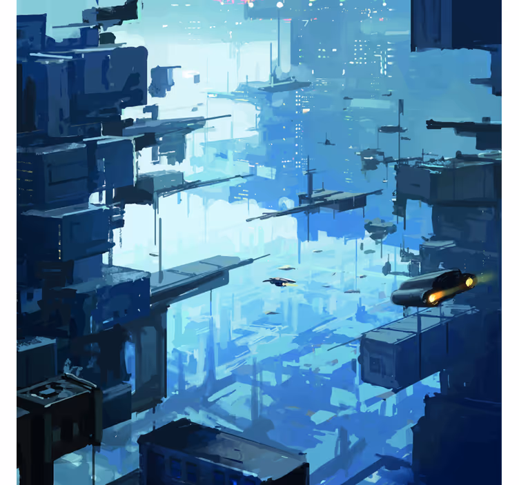 Blue wall mural futuristic city and spaceships - TenStickers