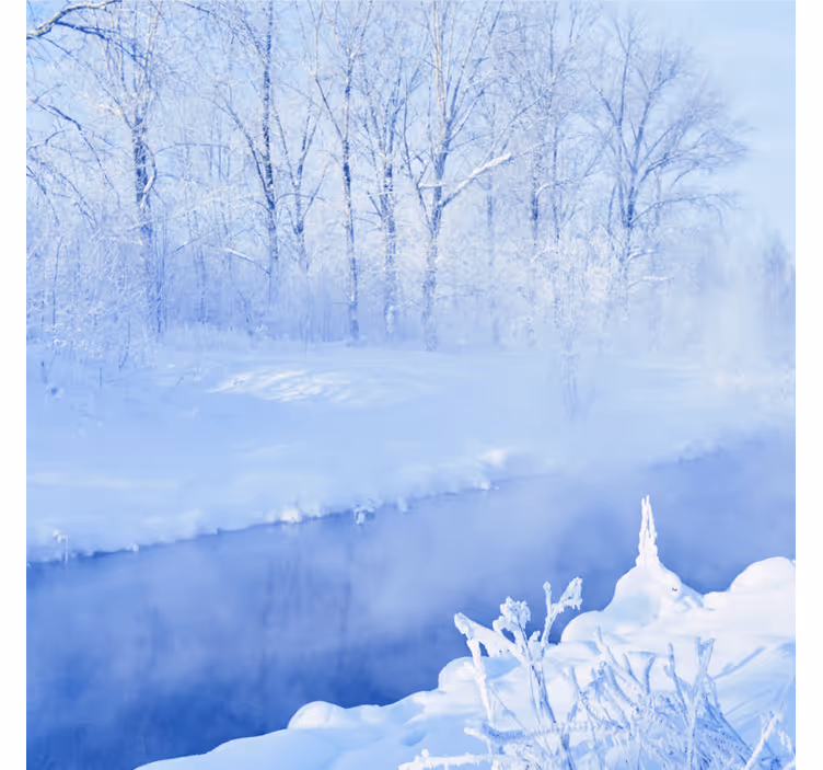 Blue wall mural white frozen trees and river - TenStickers