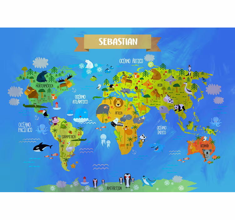 World map with animals wall mural - TenStickers
