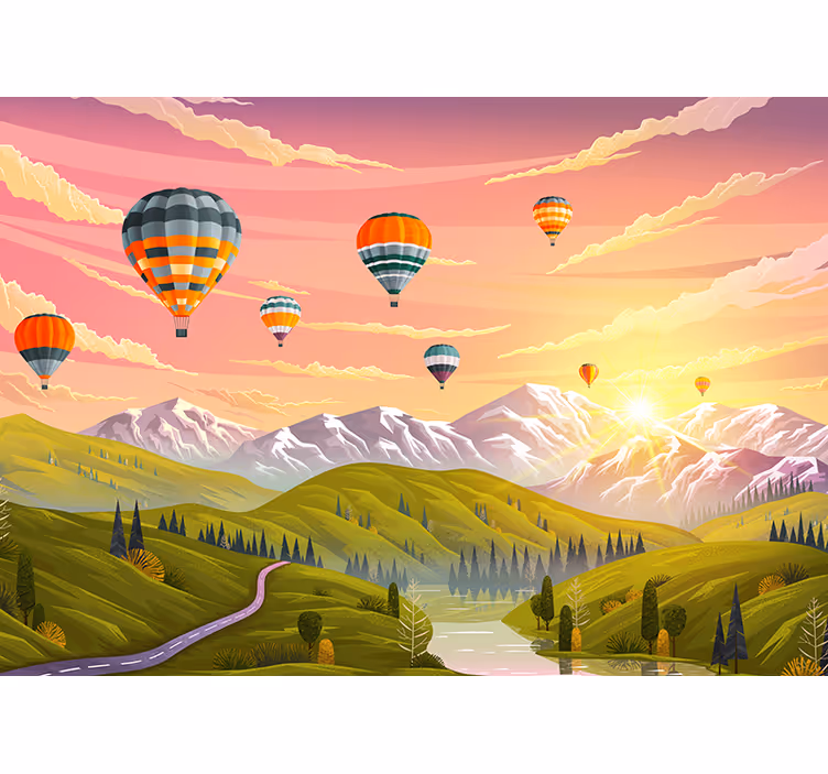 Landscape wall mural with hot air balloons - TenStickers