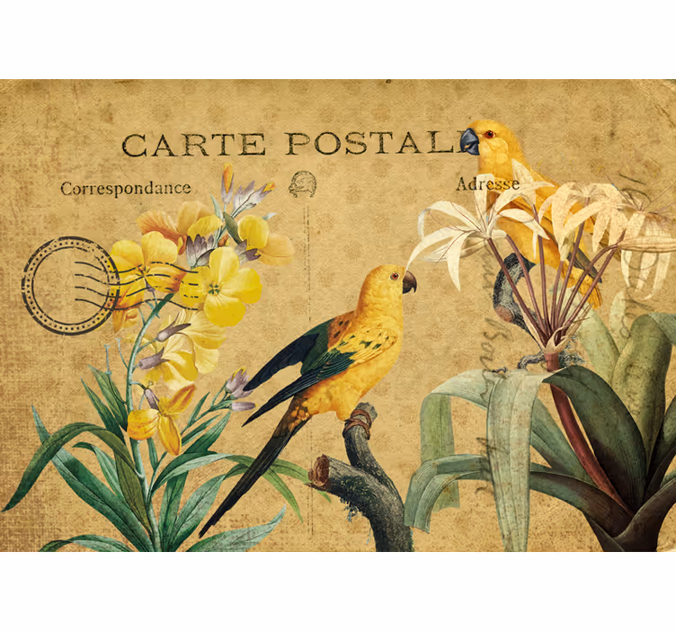 Flower wall mural vintage parrots and flora - TenStickers