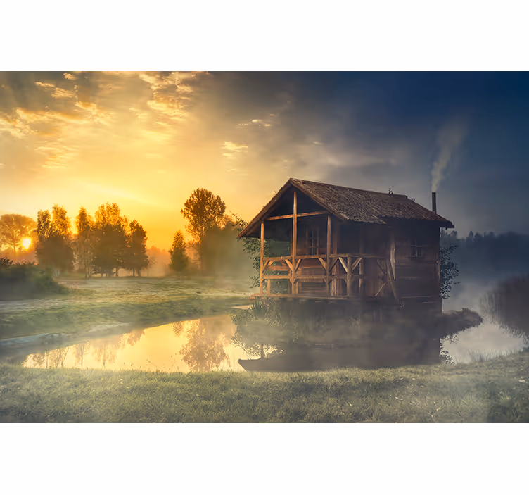 Landscape wall mural serene cabin sunset - TenStickers