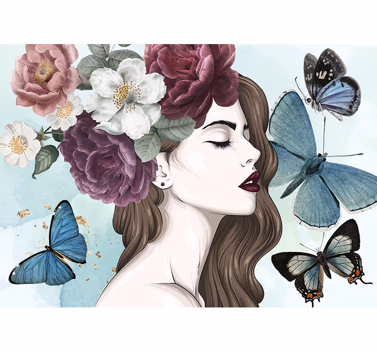 Flower wall mural woman with butterflies - TenStickers