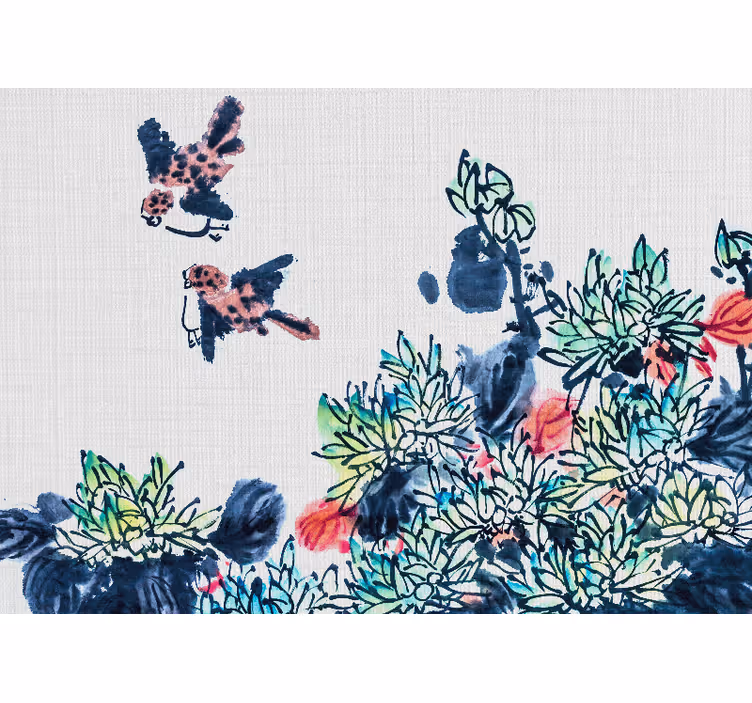 Flower wall mural birds among flowers - TenStickers