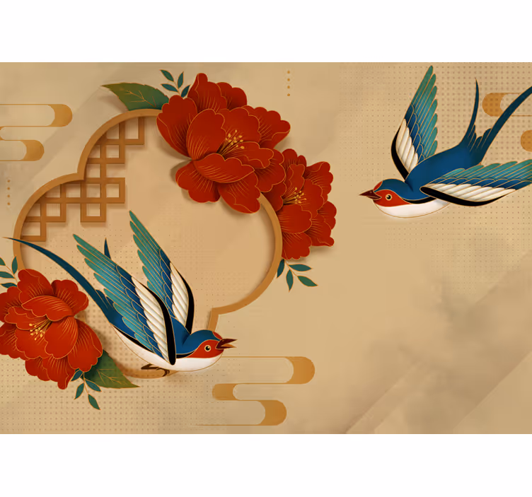 Flower wall mural swallow and blossoms - TenStickers
