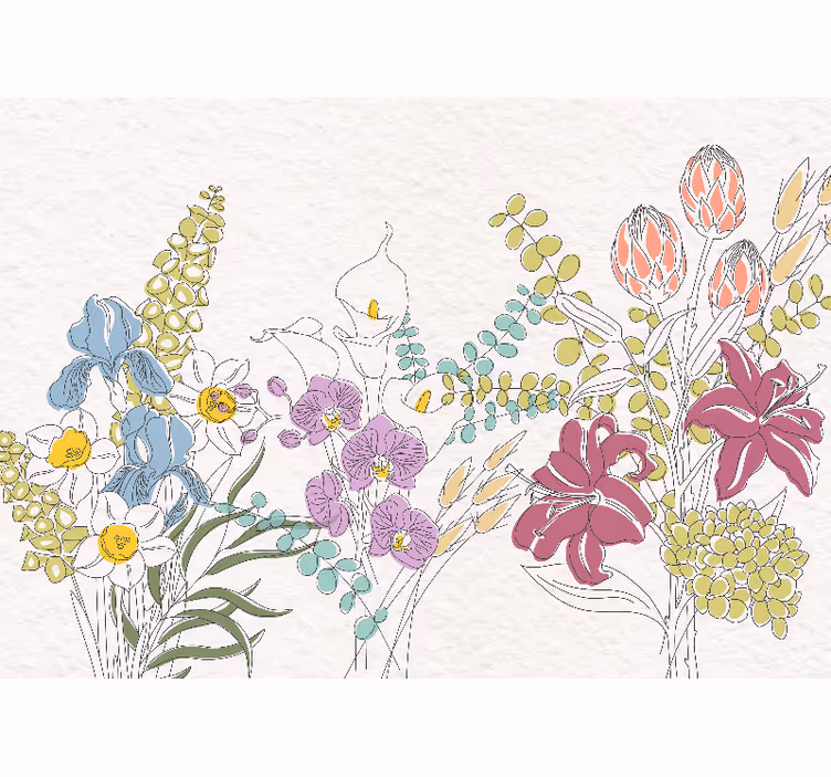 Fleurs dessinées panorama wall mural - TenStickers