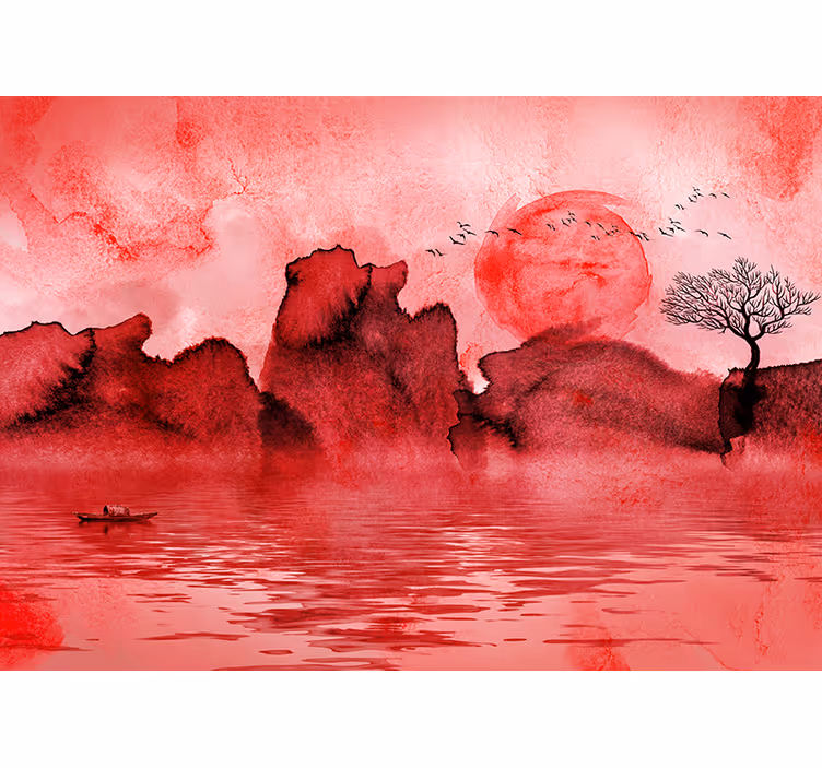 Chinese Ink Landscape Red Wall Mural - TenStickers
