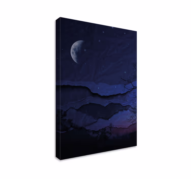 Blue canvas print of a night landscape with moon - TenStickers