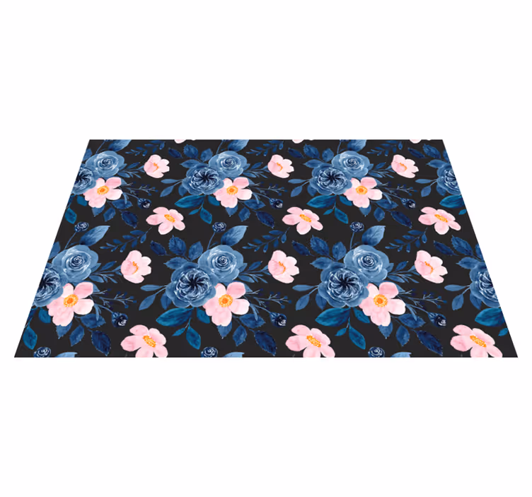 Vinyl rug flowers blue and pink design on black - TenStickers