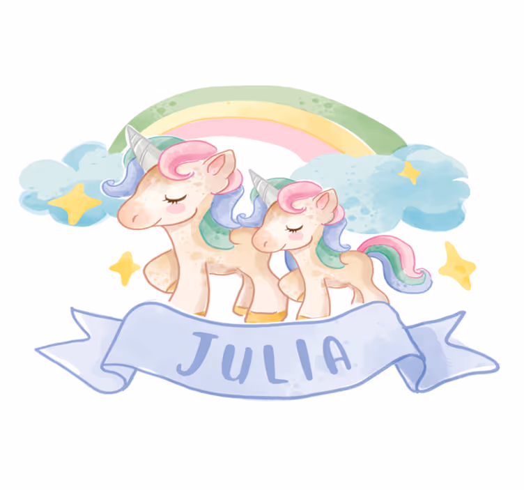 Kids vinyl rug with joyful unicorns on a rainbow - TenStickers