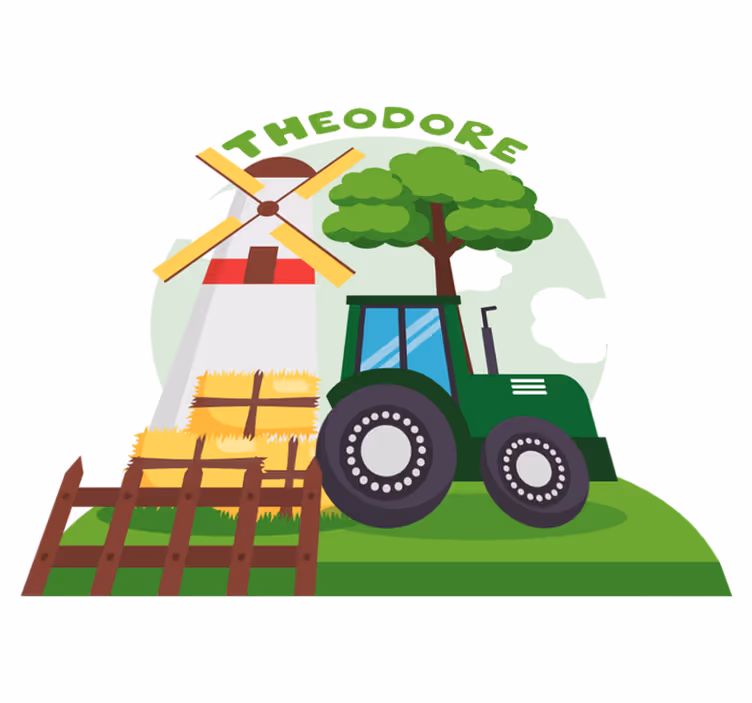 Kids vinyl rug green tractor on hill with clouds - TenStickers