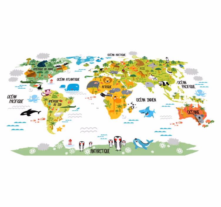 World map vinyl rug animal world map for kids - TenStickers