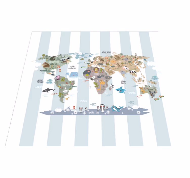 World map vinyl rug featuring animal life design - TenStickers