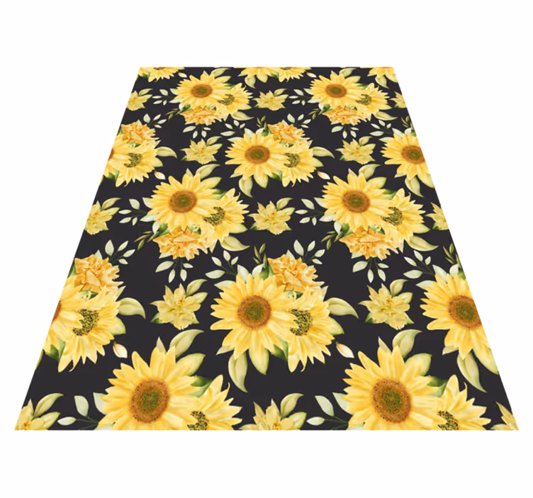 Yellow vinyl rug with sunflower pattern on black - TenStickers