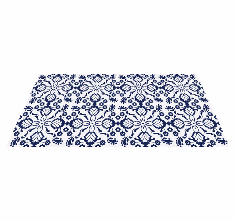 Blue and white floral design tile vinyl rug - TenStickers