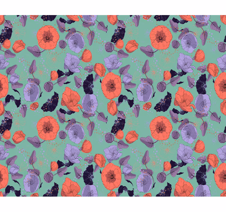 Flower wallpaper blue and red poppies design - TenStickers