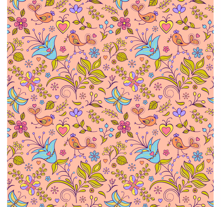 Nature wallpaper with floral pattern, birds, and butterflies - TenStickers