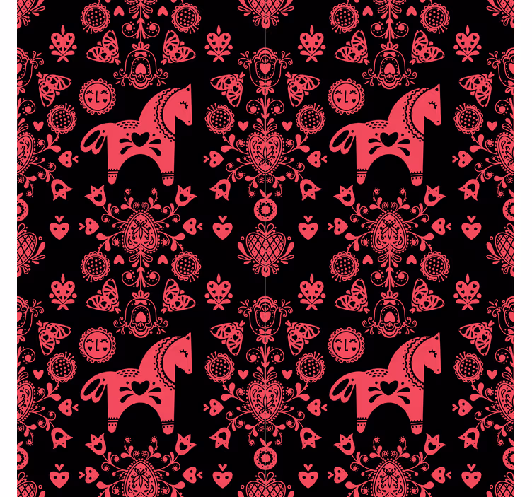 Floral wallpaper with folkloric horse design - TenStickers