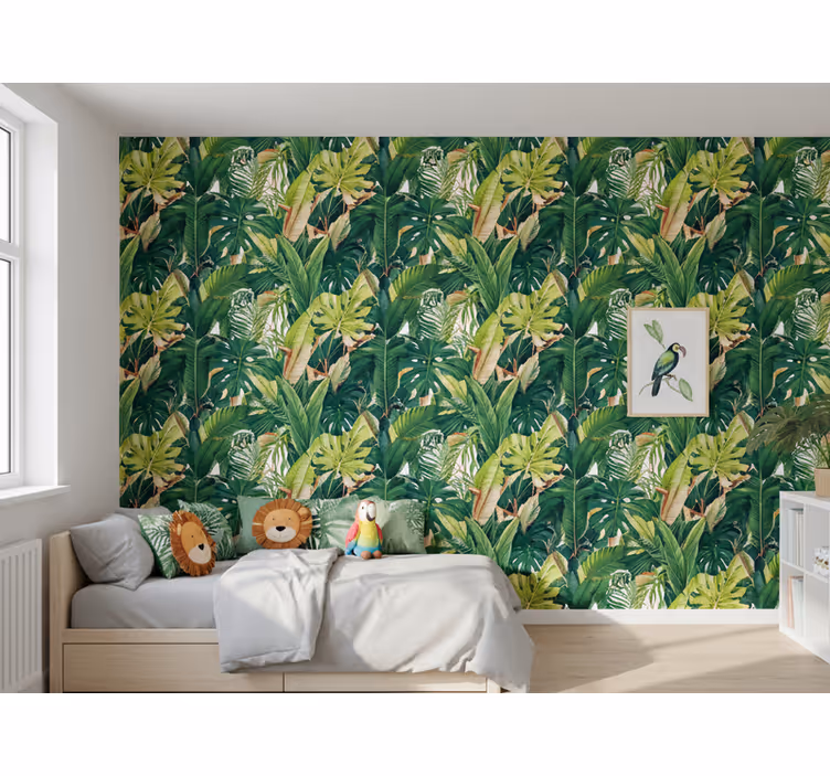 Leaf wallpaper featuring realistic rainforest leaves - TenStickers
