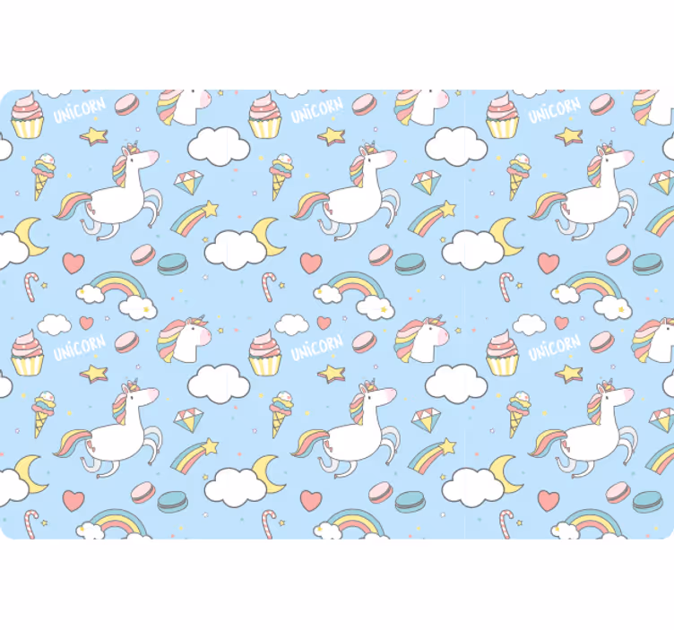 Blue wallpaper with adorable unicorns and rainbows - TenStickers