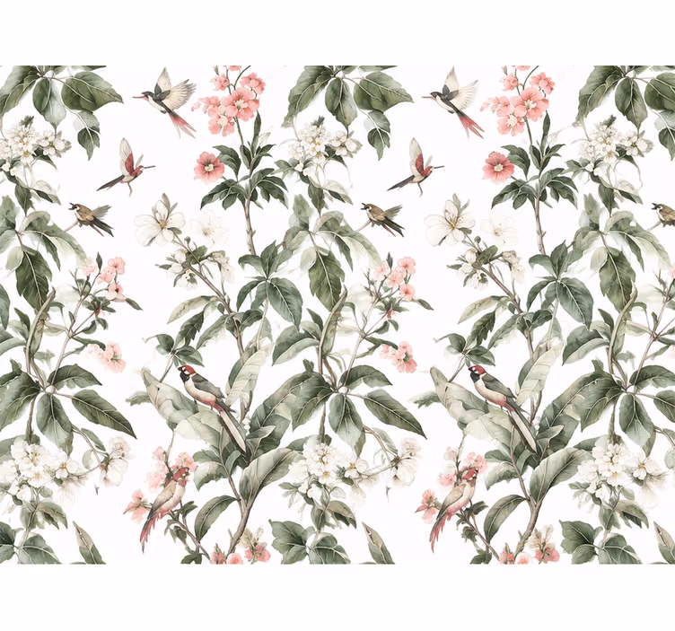 Leaf wallpaper with white pink flowers - TenStickers