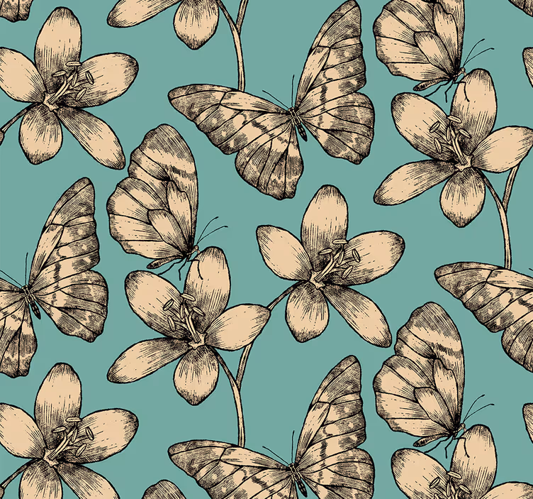 Beige flowers on blue background butterfly wallpaper - TenStickers