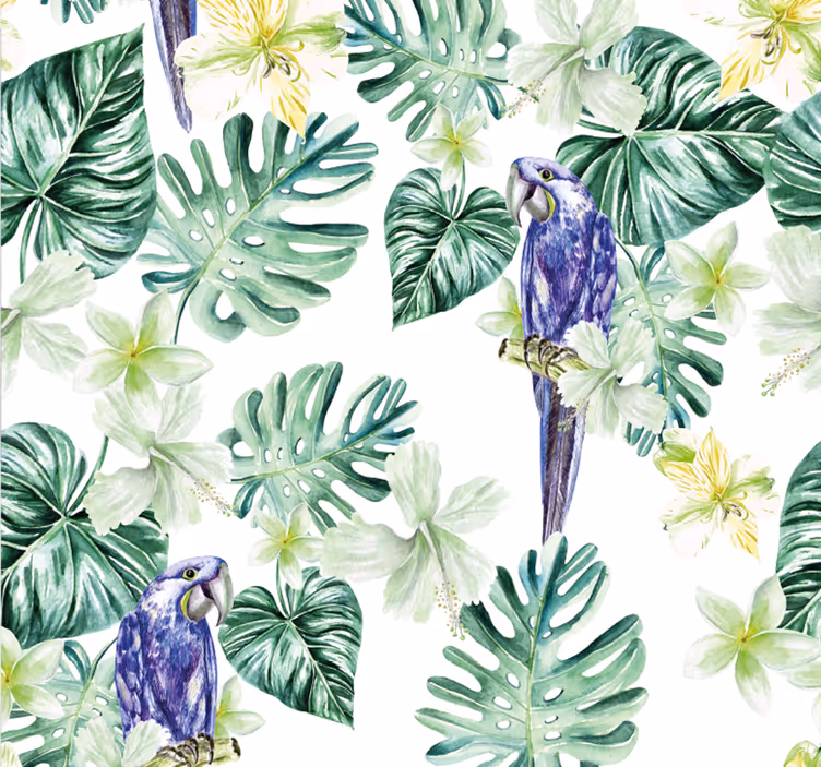 Colorful parrots on tropical leaves Wallpaper - TenStickers