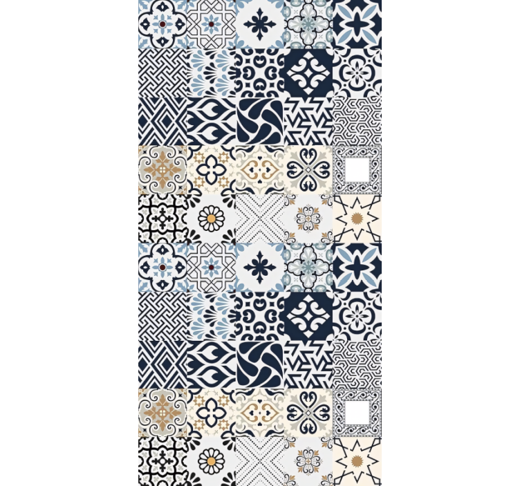 Beige roller blind with blue tile pattern - TenStickers