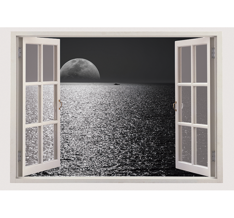 Grey roller blind view of the sea from a white window - TenStickers
