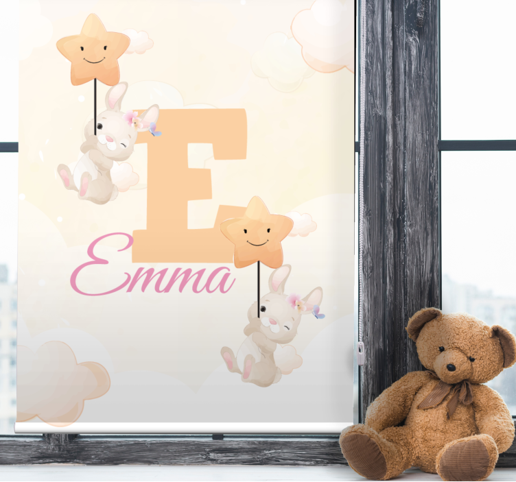 Bunnies with stars with name kids roller blind - TenStickers
