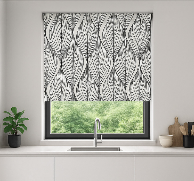 Geometric grey leaves roller blind for kitchen window - TenStickers