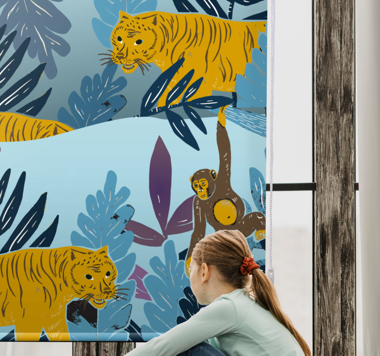 Girl and tigers jungle animals Kitchen blind - TenStickers