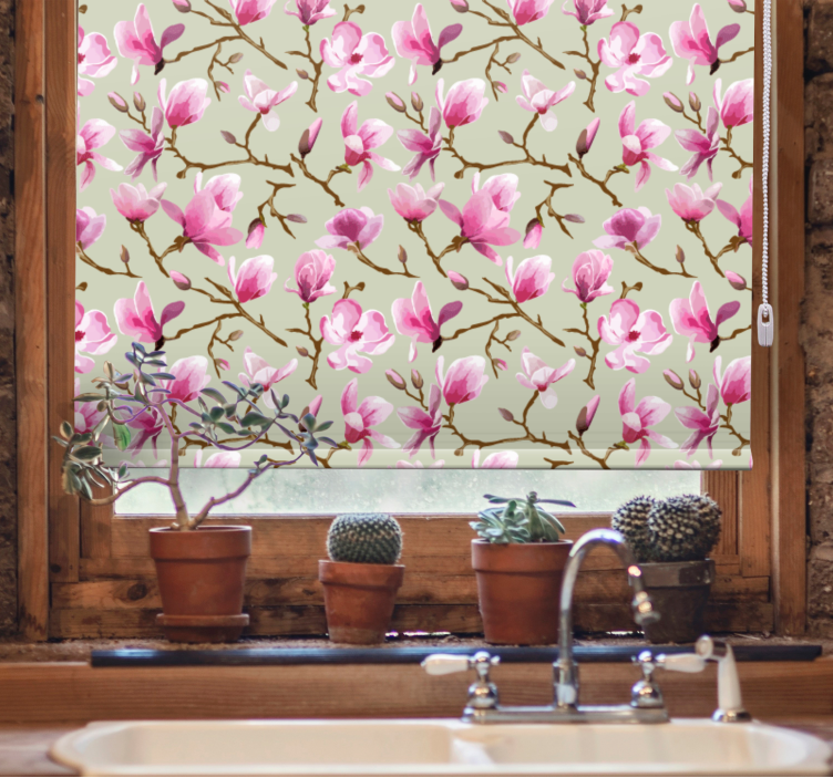 Pink mangolia bloom roller blind for kitchen window - TenStickers