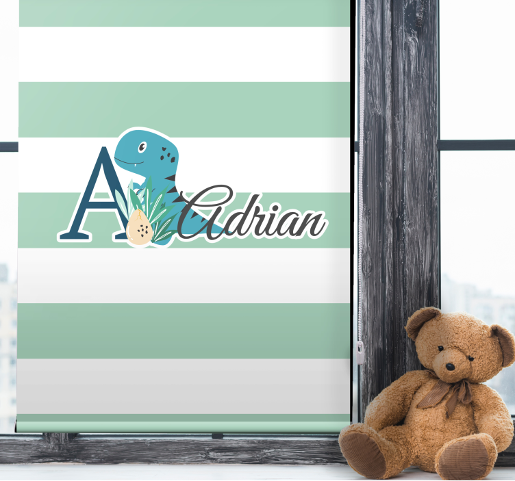 Striped dinosaur with name kids roller blind - TenStickers
