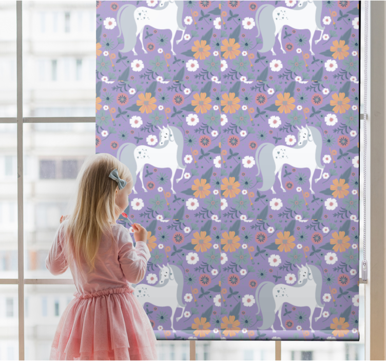 Purple unicorns and flowers kids roller blind - TenStickers