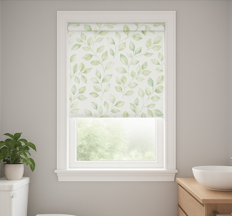 White background with leaves bathroom window blind - TenStickers