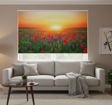 Red poppy field with sun roller blind for living room - TenStickers