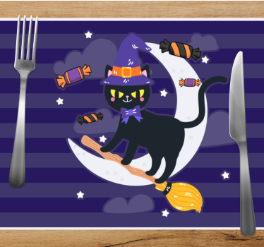 Cute cat on a broomstick Halloween table mats - TenStickers