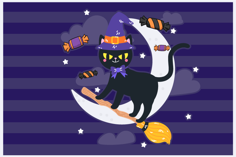 Cute cat on a broomstick Halloween placemats - TenStickers
