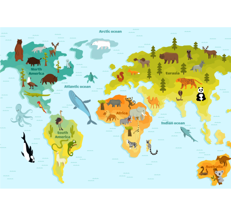 World map wall mural animal global exploration - TenStickers