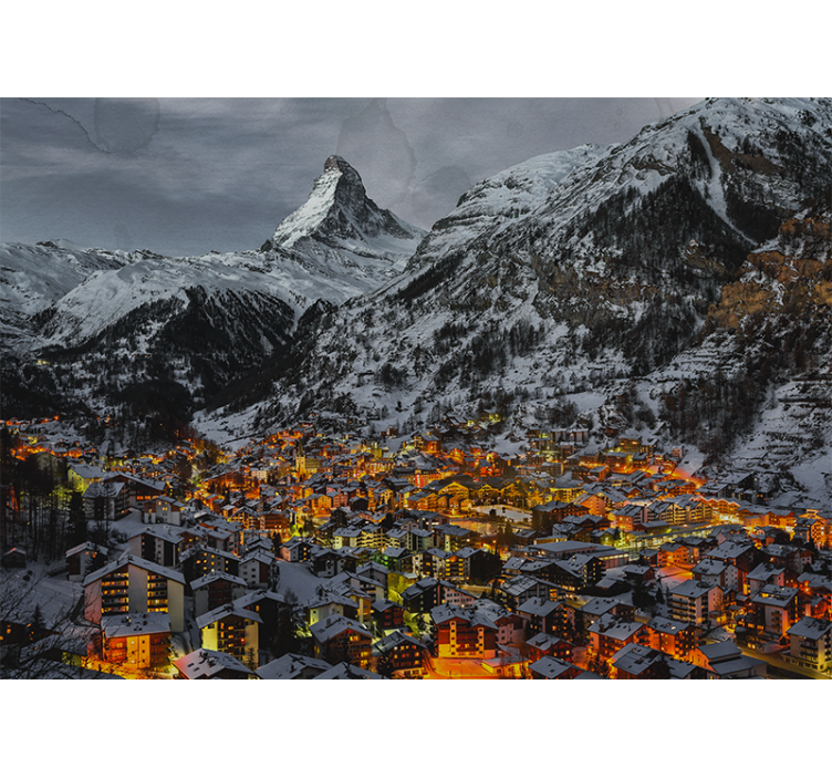 Snowy city at night with mountain wall mural - TenStickers