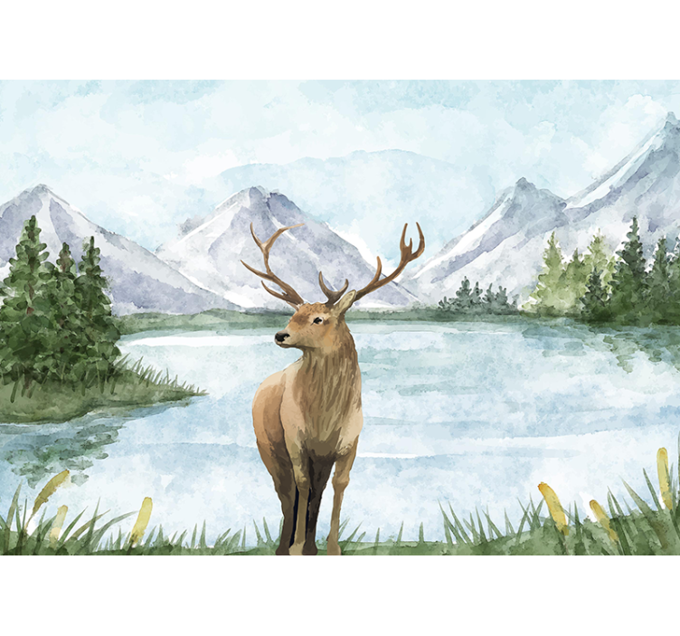 Landscape with lake and deer nature wall mural - TenStickers