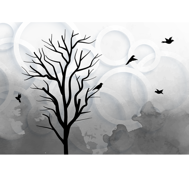 Artistic style black tree with birds wall mural - TenStickers