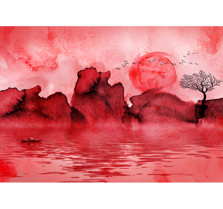 Chinese Ink Landscape Red Wall Mural - TenStickers